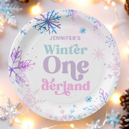 Winter Onederland Snowflakes Girl Snow Birthday ペーパープレート