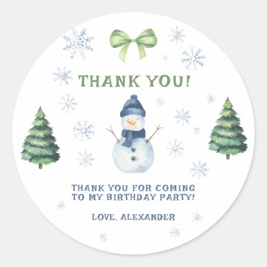 Winter Onederland Snowman Birthday Thank You ラウンドシール (正面)