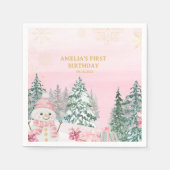 Winter ONEderland Snowman Girl 1st Birthday Pink スタンダードカクテルナプキン (正面)