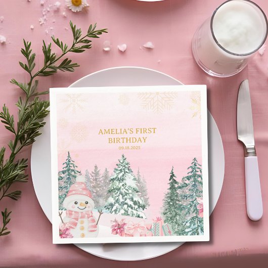 Winter ONEderland Snowman Girl 1st Birthday Pink スタンダードカクテルナプキン