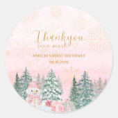 Winter ONEderland Snowman Girl Birthday Pink  ラウンドシール (正面)