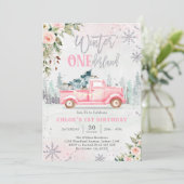 Winter ONEderland Truck Pink Girl 1st Birthday 招待状 (スタンド正面)
