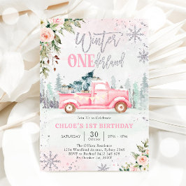 Winter ONEderland Truck Pink Girl 1st Birthday 招待状