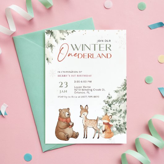 Winter Onederland Watercolor Animal First Birthday 招待状