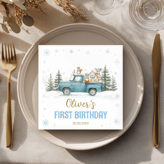 Winter Onederland Woodland Animals Birthday Napkin スタンダードカクテルナプキン