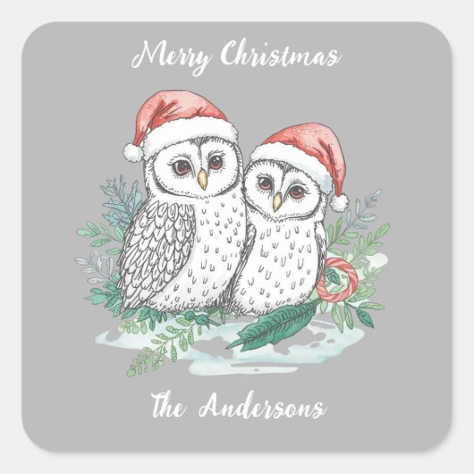 Winter Owl Christmas Sticker – Woodland Forest Owl スクエアシール (正面)