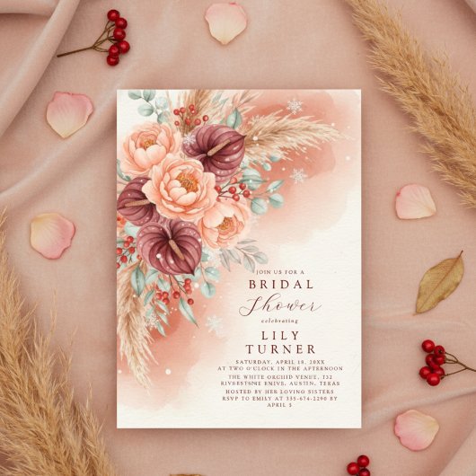 Winter Pampas Floral Bridal Shower Invitation Card 招待状