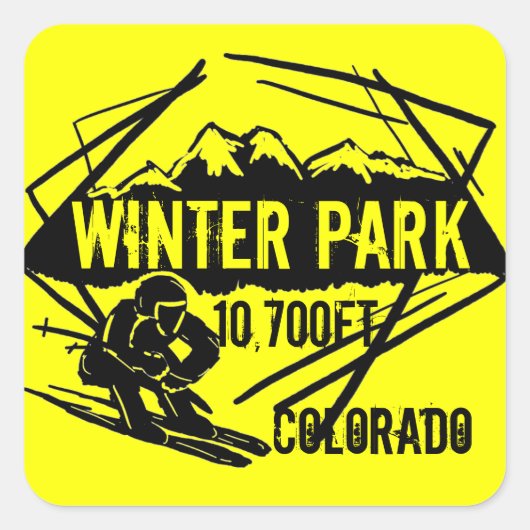 Winter Park Coloradoスキー標高イエローステッカー スクエアシール (正面)