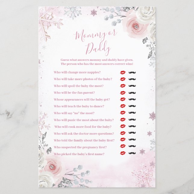 Winter Pastel Pink Snowflake Mommy or Daddy Game (正面)