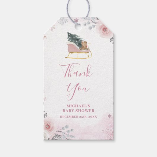 Winter Pastel Pink Snowflake Sleigh Baby Shower ギフトタグ (正面)
