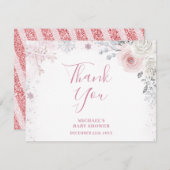 Winter Pastel Pink Snowflake Sleigh Baby Shower サンキューカード (正面/裏面)