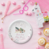 Winter Pastel Pink Snowflake Sleigh Baby Shower ペーパープレート (パーティー)