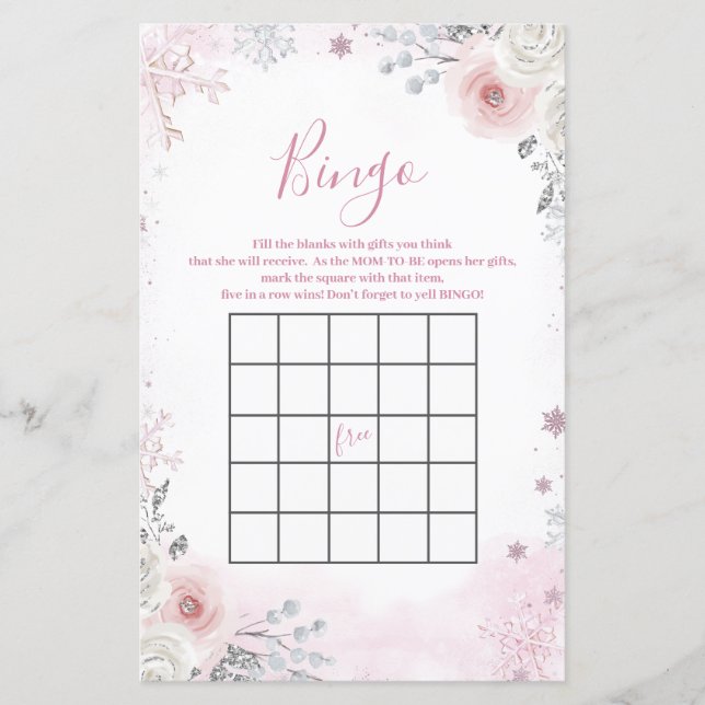 Winter Pastel Pink Snowflake Sleigh Bingo Game (正面)