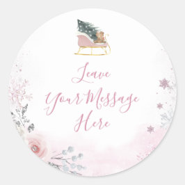 Winter Pastel Pink Snowflake Sleigh Your Message ラウンドシール