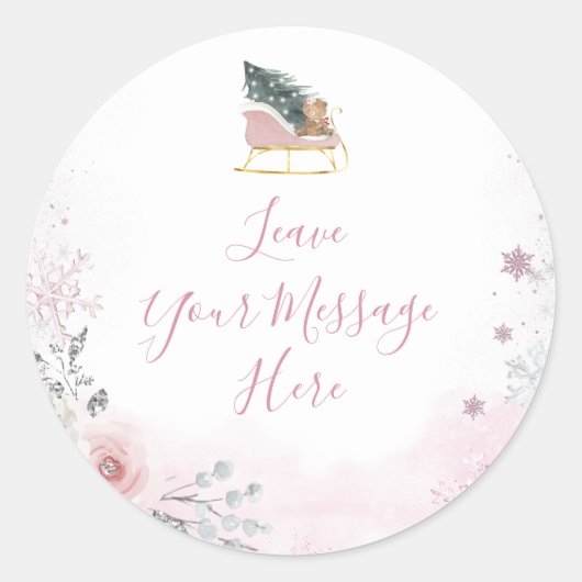 Winter Pastel Pink Snowflake Sleigh Your Message ラウンドシール (正面)