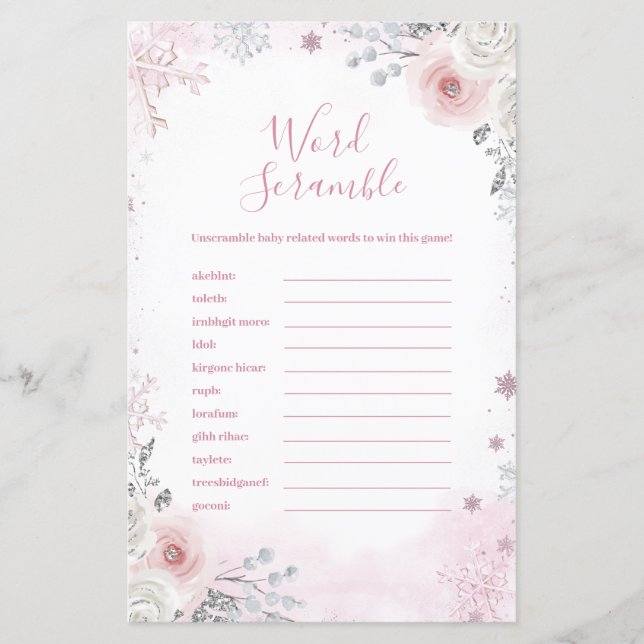 Winter Pastel Pink Snowflake Word Scramble Game (正面)