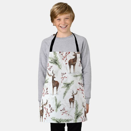 Winter Pattern Deer And Fir Needles エプロン (着用した状態)