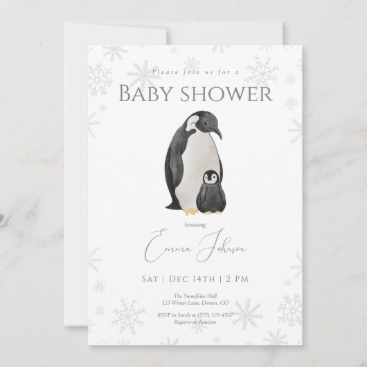 Winter Penguin Baby Shower 招待状 | スノーフレーク (正面)