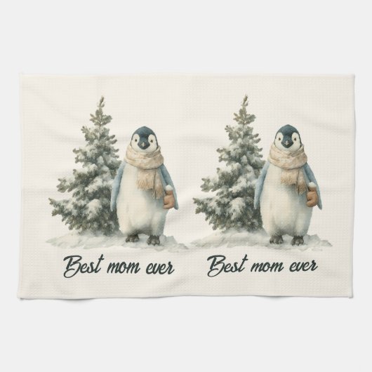 Winter Penguin “Best Mom Ever” Design キッチンタオル (横)