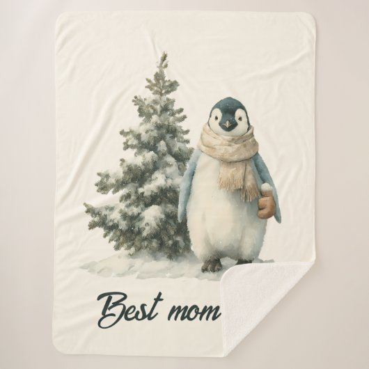 Winter Penguin “Best Mom Ever” Design シェルパブランケット (正面)