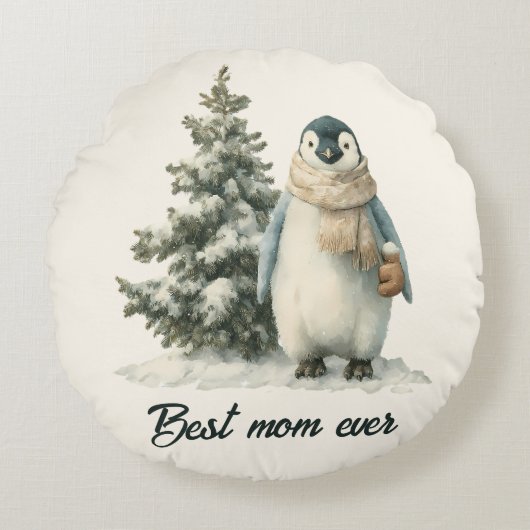 Winter Penguin “Best Mom Ever” Design ラウンドクッション (正面)