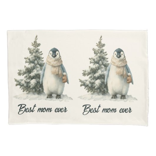 Winter Penguin “Best Mom Ever” Design 枕カバー (正面)