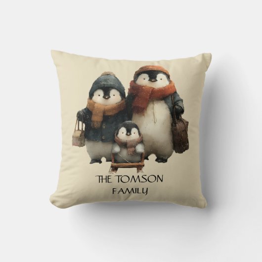 Winter Penguin Family Personalized Design クッション (正面)