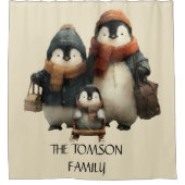 Winter Penguin Family Personalized Design シャワーカーテン (正面)