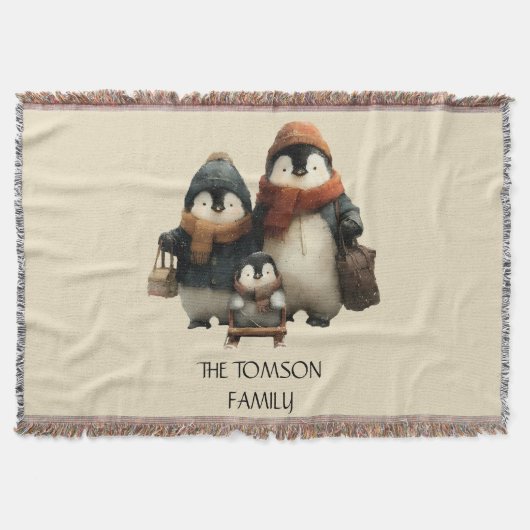 Winter Penguin Family Personalized Design スローブランケット (正面)