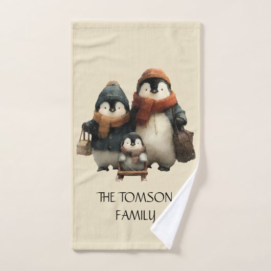 Winter Penguin Family Personalized Design バスタオルセット (ハンドタオル)