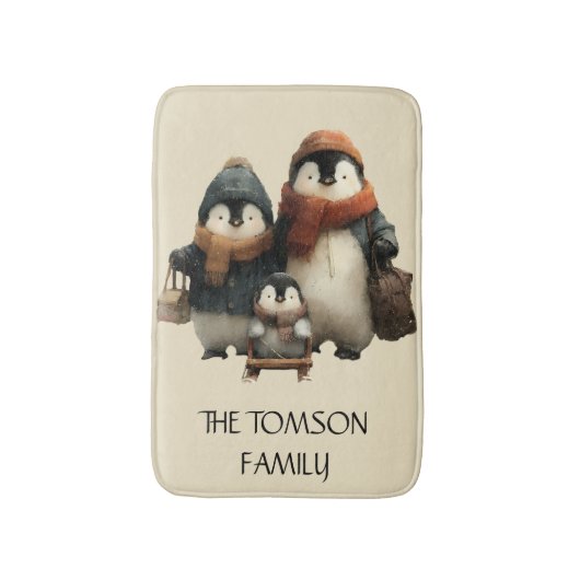 Winter Penguin Family Personalized Design バスマット (正面縦)