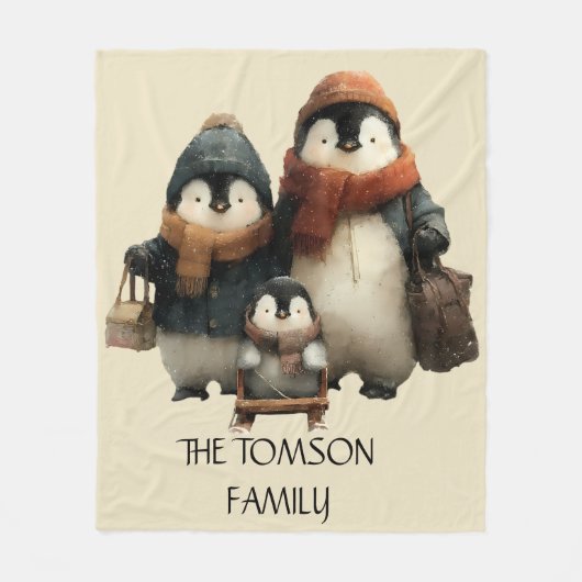 Winter Penguin Family Personalized Design フリースブランケット (正面)