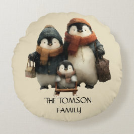 Winter Penguin Family Personalized Design ラウンドクッション