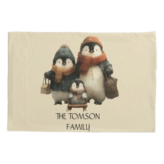 Winter Penguin Family Personalized Design 枕カバー (裏面)