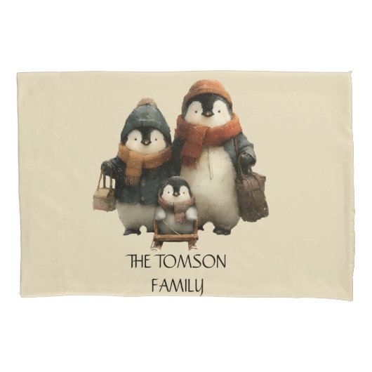 Winter Penguin Family Personalized Design 枕カバー (正面)