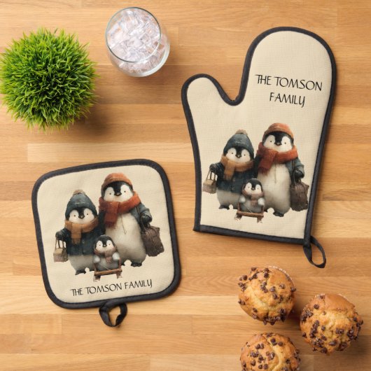 Winter Penguin Family Personalized Design 鍋つかみ&鍋敷きセット (トップダウン)