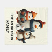 Winter Penguin Family with Snowman フリースブランケット (正面(横))