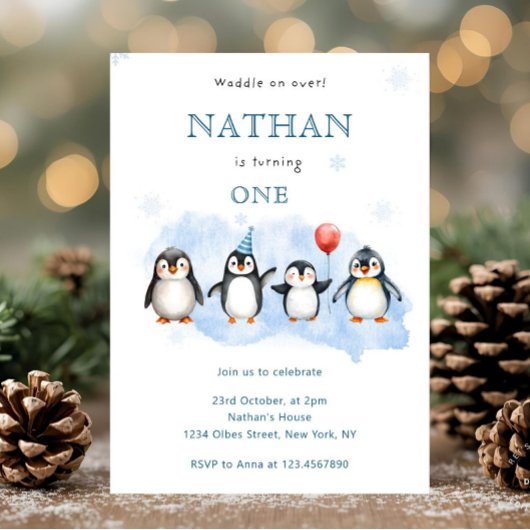Winter Penguin First Birthday Invitation 招待状