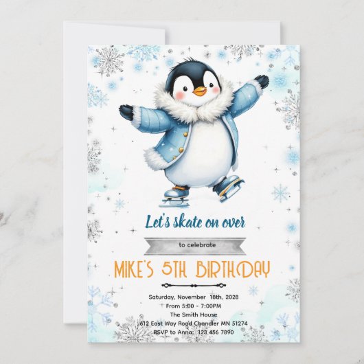 Winter penguin ice skate theme invite 招待状 (正面)