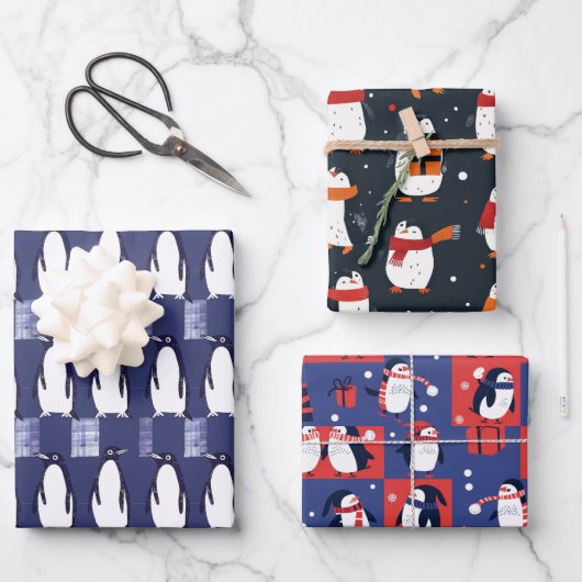 Winter Penguin Pattern Blue Wrapping Paper  ラッピングペーパーシート (正面)