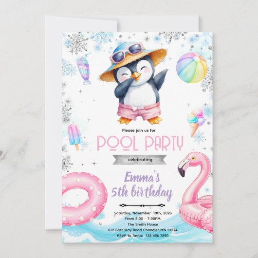 Winter penguin pool theme invitation 招待状 (正面)