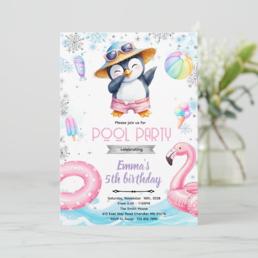 Winter penguin pool theme invitation 招待状 (スタンド正面)