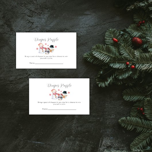 Winter Penguin Snowman Diaper Raffle Baby Shower エンクロージャーカード