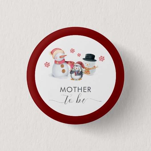 Winter Penguin Snowman Mother To Be Baby Shower 缶バッジ (正面)