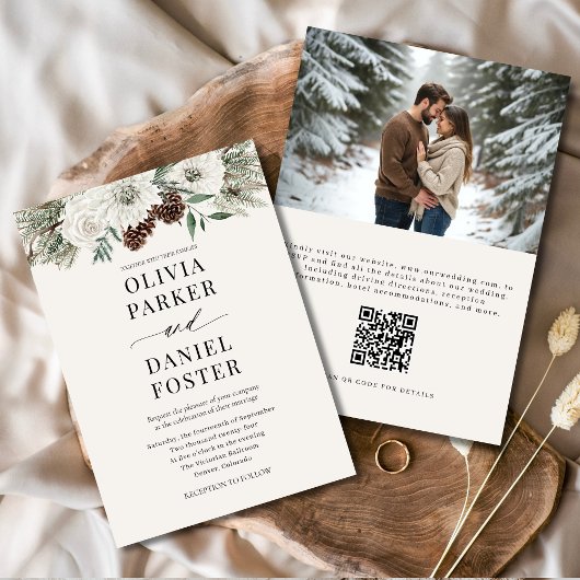 Winter Photo QR Code Elegant Evergreen Wedding 招待状