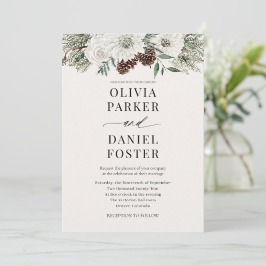 Winter Photo QR Code Elegant Evergreen Wedding 招待状 (スタンド正面)