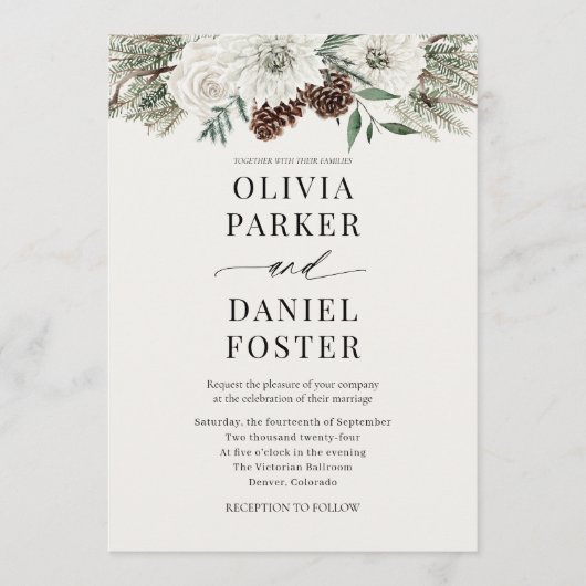 Winter Photo QR Code Elegant Evergreen Wedding 招待状 (正面)