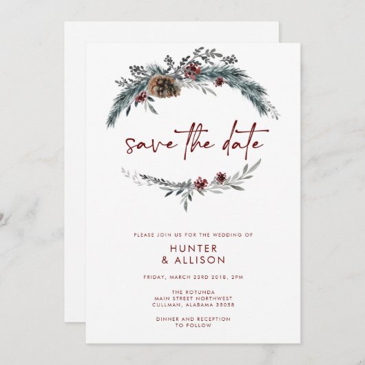 Winter Pine日付を保存 招待状 (正面/裏面)