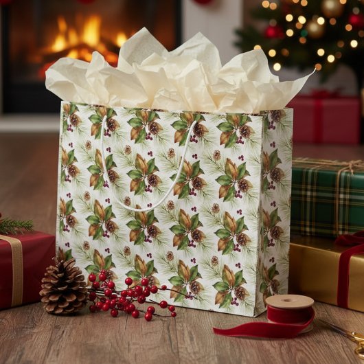 Winter Pine and Magnolia Botanical Evergreen ラージペーパーバッグ