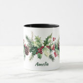 Winter Pine Berry Personalized Name Holiday マグカップ (中央)